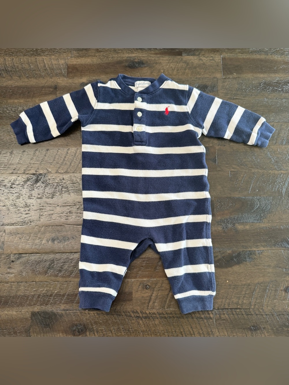 6m Ralph Lauren Navy and White Striped Waffle Knit Henley Cotton Footless Romper